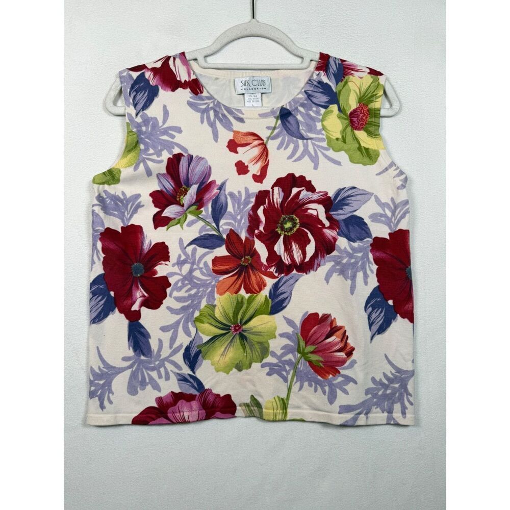Silk Club Collection Sleeveless Top Silk Blend Floral Knit Tank Women’s Large